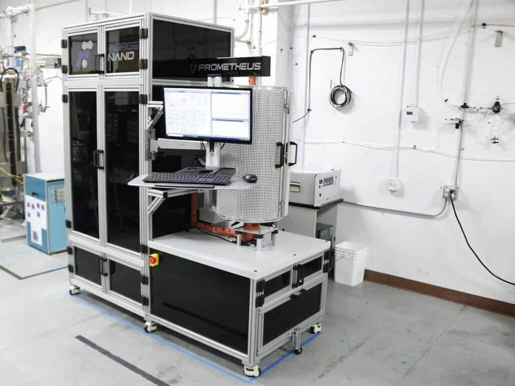 Forge Nano's Prometheus tool, a lab and pilot scale atomic layer deposition (ALD) nano-coating machine for particles and industrial powders.